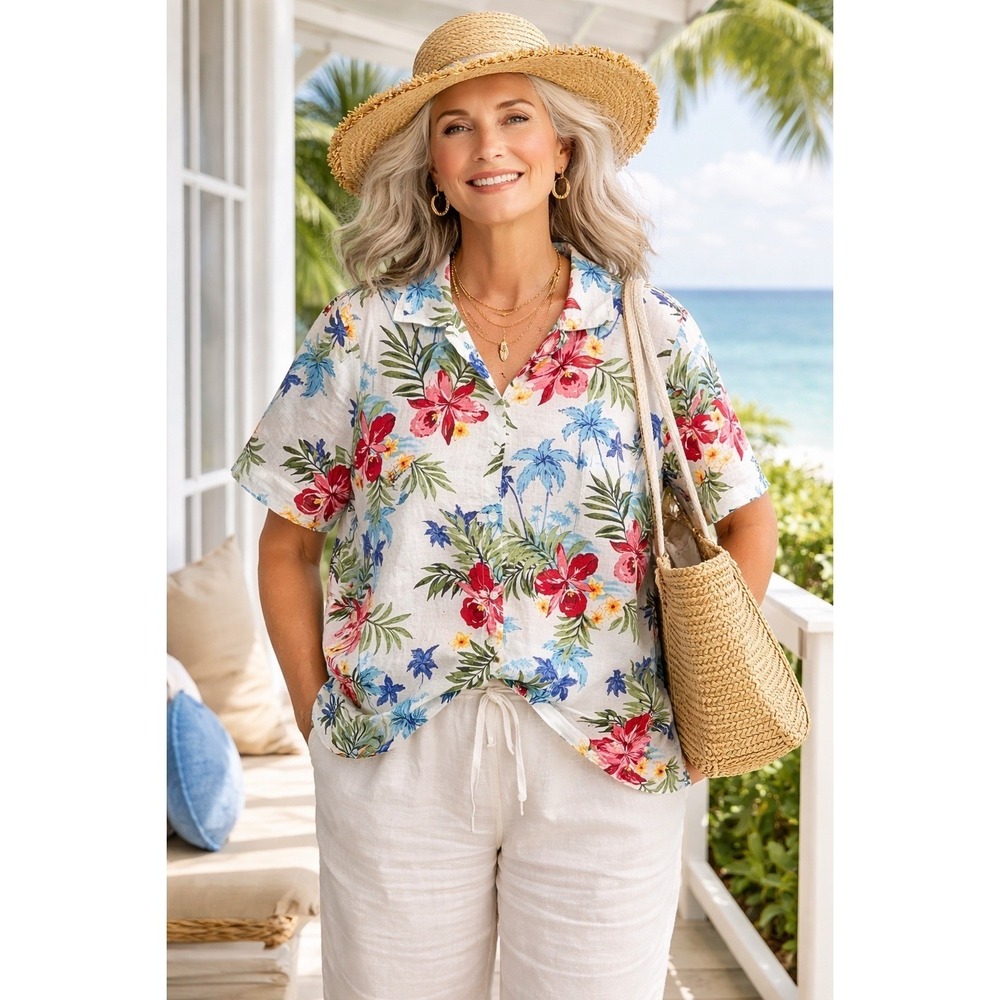 Summer Linen Blend Tropical Floral Button Up Top‎ Size 2x Resortwear Vacation